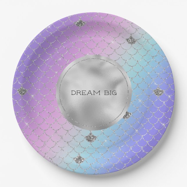 Assiettes En Carton Parties scintillant de sirène d'argent d'Aqua rose (Devant)