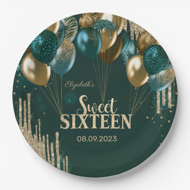 Assiettes En Carton Parties scintillant d'or Ballons Green Sweet 16 (Devant)