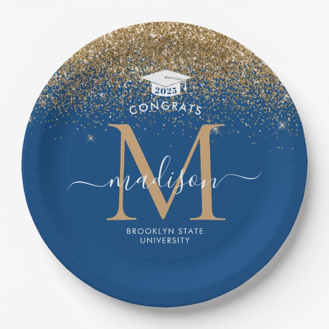 Assiettes En Carton Parties scintillant d'or bleu Monogramme Grad Grad (Devant)