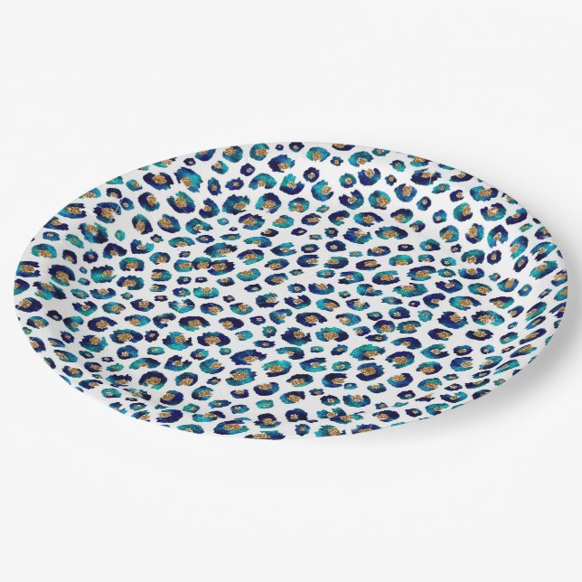Assiettes En Carton Parties scintillant d'or bleu Motif Leopard (Angle)