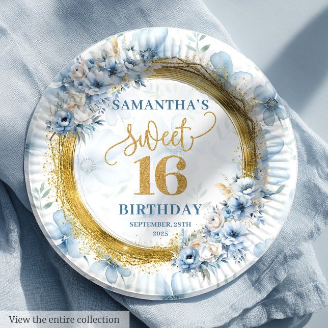 Assiettes En Carton Parties scintillant d'or de Sweet sixteen bleu cla (Personalized Light Blue Sweet Sixteen Gold Glitter Paper Plates)
