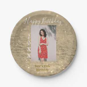 Assiettes En Carton Parties scintillant d'or heureux 15e anniversaire