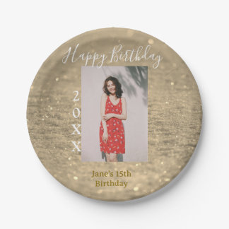 Assiettes En Carton Parties scintillant d'or heureux 15e anniversaire
