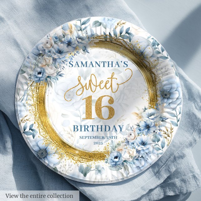 Assiettes En Carton Parties scintillant d'or Pastel Blue Sweet sixteen (Unique Pastel Blue Sweet Sixteen Gold Glitter Paper Plates)