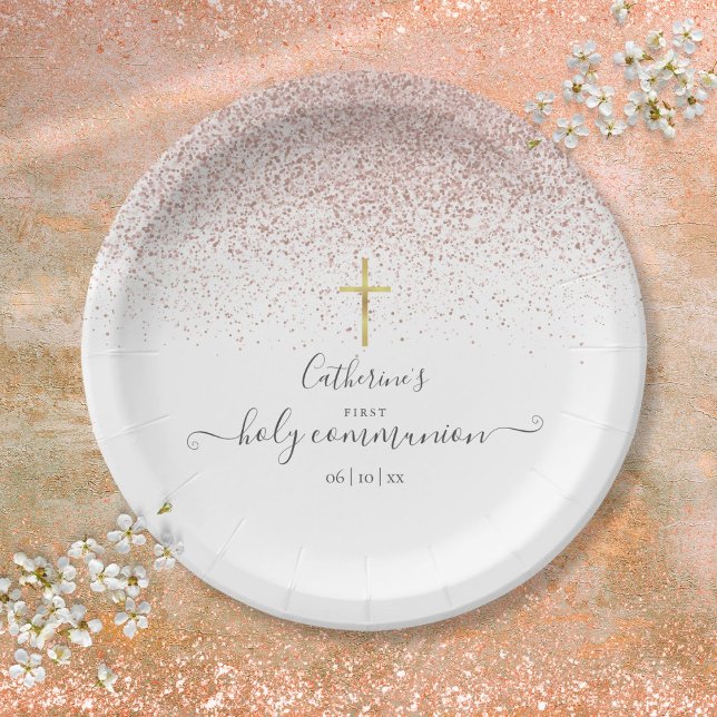 Assiettes En Carton Parties scintillant d'or Rose moderne Première com (Modern Rose Gold Glitter First Holy Communion Paper Plates)