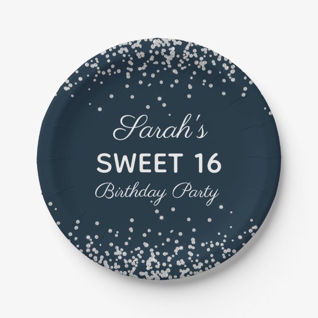Assiettes En Carton Parties scintillant en argent bleu marine Sweet 16 (Devant)