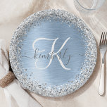 Assiettes En Carton Parties scintillant en argent brossé bleu Nom du m<br><div class="desc">Personnalisez facilement ce design chic et branché de plaque de papier avec une jolie parties scintillant brillante en argent sur un arrière - plan métallique brossé bleu.</div>