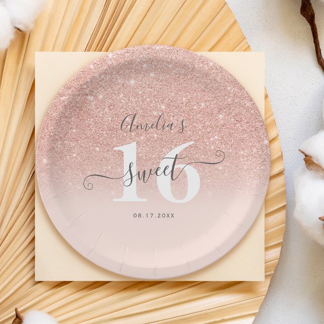 Assiettes En Carton parties scintillant en or rose  sombre rose brilla (Rose gold glitter ombre blush pink script Sweet 16 Paper Plates)