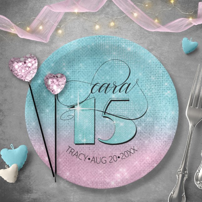 Assiettes En Carton Parties scintillant et brillant Quinceanera Turquo (Créateur téléchargé)