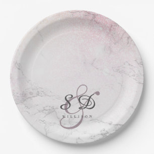 Assiettes En Carton Parties scintillant Marbre couple monogramme