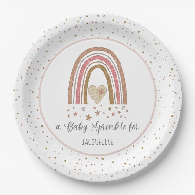 Assiettes En Carton Parties scintillant moderne Rainbow Rose Gold Baby (Devant)
