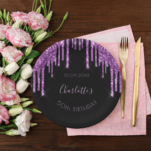 Assiettes En Carton Parties scintillant noir violet d'anniversaire mon