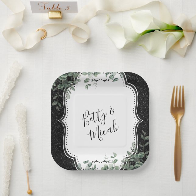 Assiettes En Carton Parties scintillant noire et bouquet floral d'Euca (Mariage)