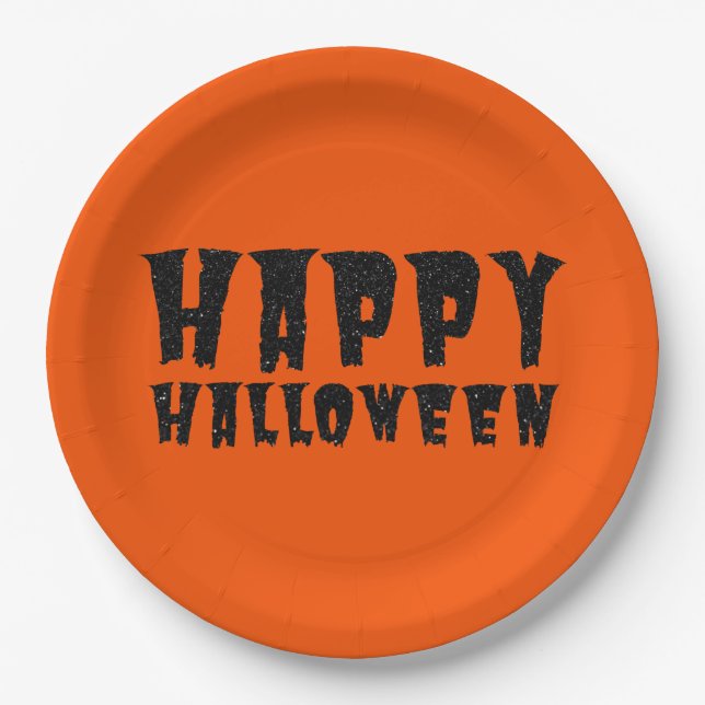 Assiettes En Carton Parties scintillant noire Halloween Happy Plaque d (Devant)