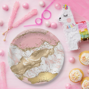 Assiettes En Carton Parties scintillant or Marbre blanc rose