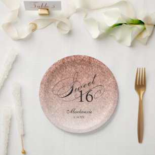 Assiettes En Carton Parties scintillant or rose Sweet 16 personnalisée