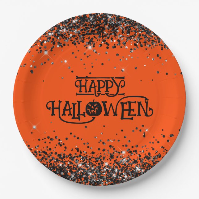 Assiettes En Carton Parties scintillant orange et noire Halloween heur (Devant)