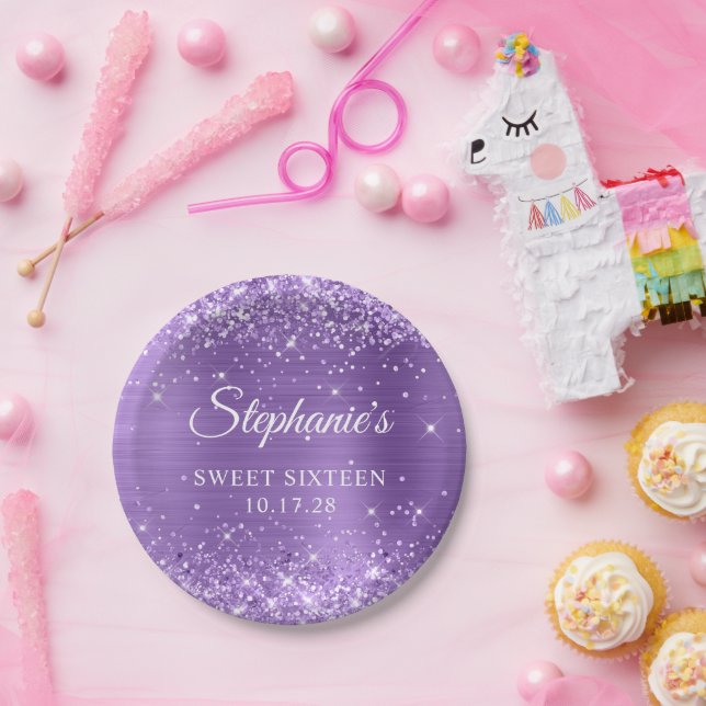 Assiettes En Carton Parties scintillant pourpre et Sweet sixteen à hui (Fête)