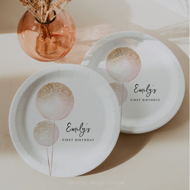Assiettes En Carton Parties scintillant rose Ballons Fille Première fê (Minimal First Birthday)