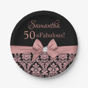 Assiettes En Carton parties scintillant Rose d'or noir damassé arc 50e