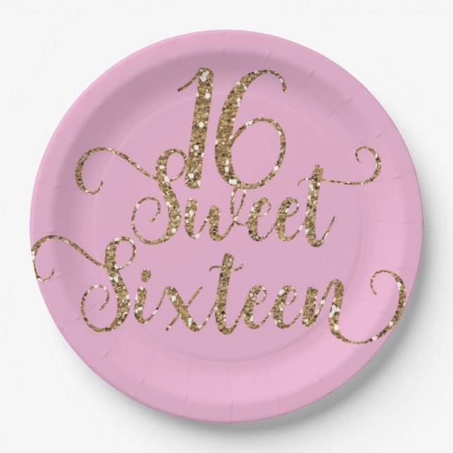 Assiettes En Carton Parties scintillant rose et or Sweet 16 Anniversai (Devant)