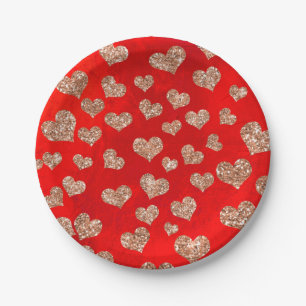 Assiettes En Carton Parties scintillant Rose Gold Hearts Confetti Red