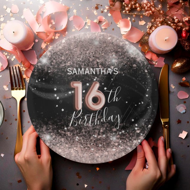 Assiettes En Carton Parties scintillant rose moderne et noir 16e anniv (Créateur téléchargé)