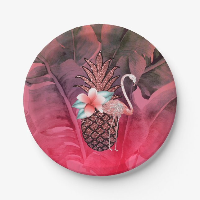 Assiettes En Carton Parties scintillant tropicale rose Ananas Luau (Devant)