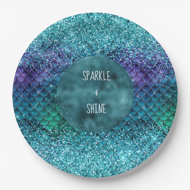 Assiettes En Carton Parties scintillant turquoise Aqua Purple Mermaid (Devant)
