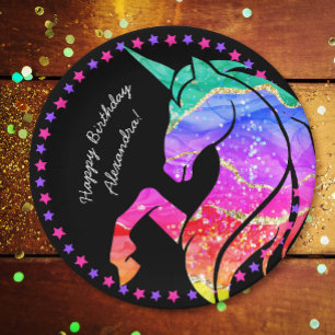 Assiettes En Carton Parties scintillant Unicorn Arc-en-ciel avec préno
