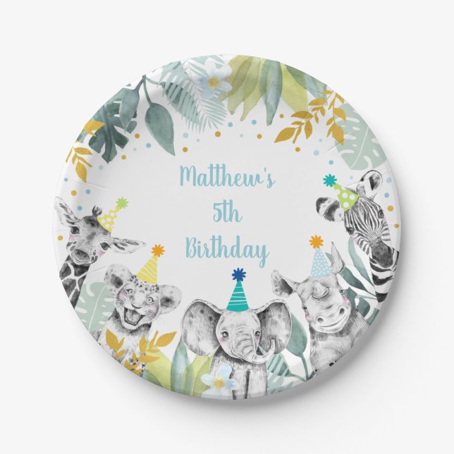 Assiettes En Carton Party Animal Blue Gold Safari Anniversaire (Devant)