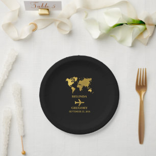 Assiettes En Carton Passeport de mariage de destination Monde Noir Or