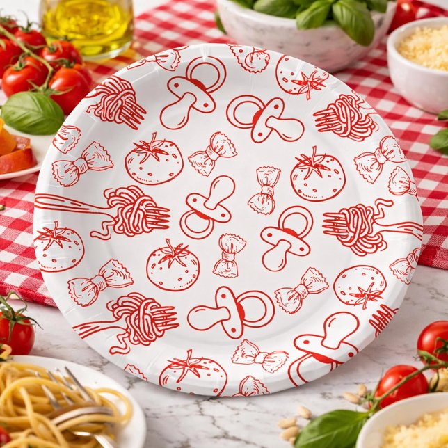 Assiettes En Carton Pasta & Pacifiers Hand Drawn Italian Baby Shower (Pasta & Pacifiers Hand Drawn Italian Baby Shower Paper Plates)