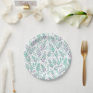 Assiettes En Carton Pastel aquarelle branches pourpre et vert