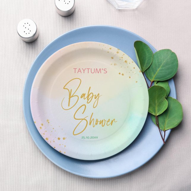 Assiettes En Carton Pastel arc-en-ciel ombre baby shower imprimé (Pastel rainbow ombre baby shower monogram printed paper plates template personalized table decor)
