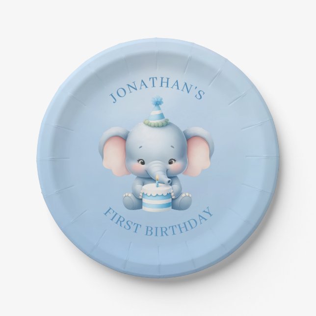 Assiettes En Carton Pastel Blue Elephant Anniversaire (Devant)