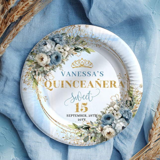 Assiettes En Carton Pastel Blue Floral Eucalyptus Gold Custom Plates (Pastel Blue Floral Eucalyptus Gold Custom Plates)