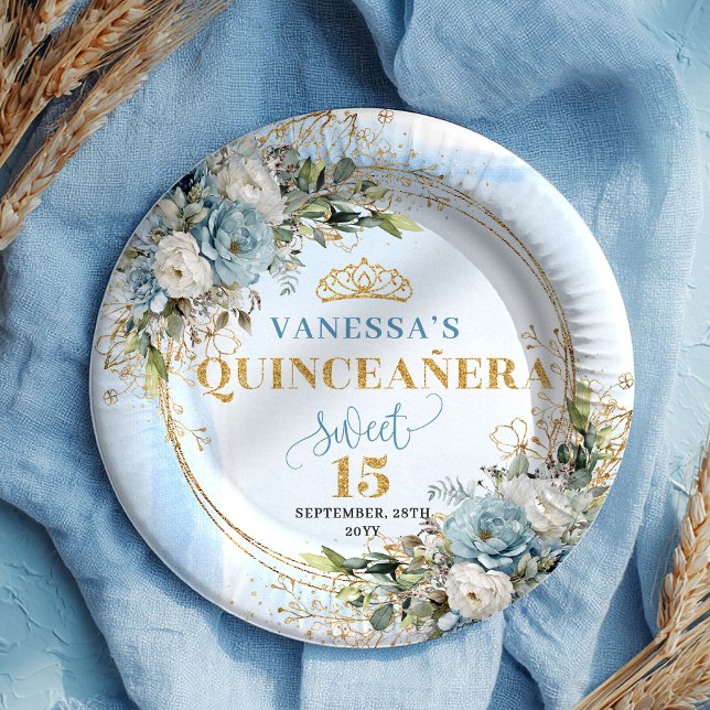 Assiettes En Carton Pastel Blue Floral Greenery Gold Quinceañera Plate (Pastel Blue Floral Greenery Gold Quinceañera Plates)