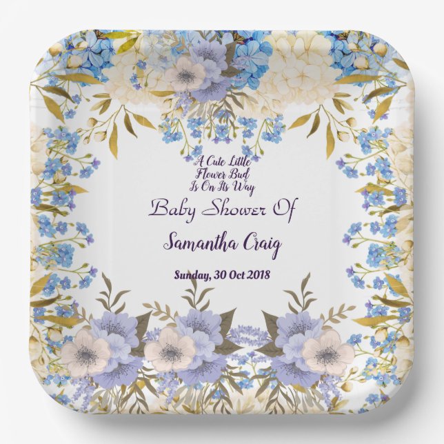Assiettes En Carton Pastel Blue Little Flower Bud Floral Baby shower (Recto)