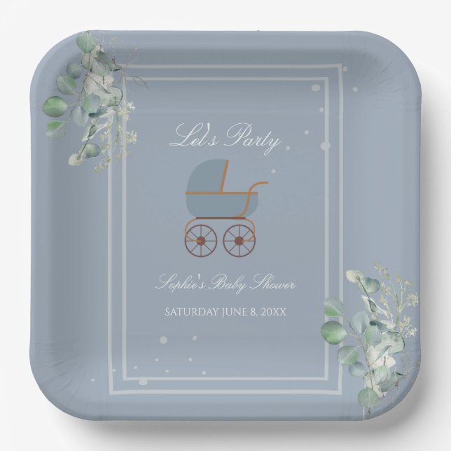 Assiettes En Carton Pastel Blue Stripes Baby Carriage Baby Shower (Recto)
