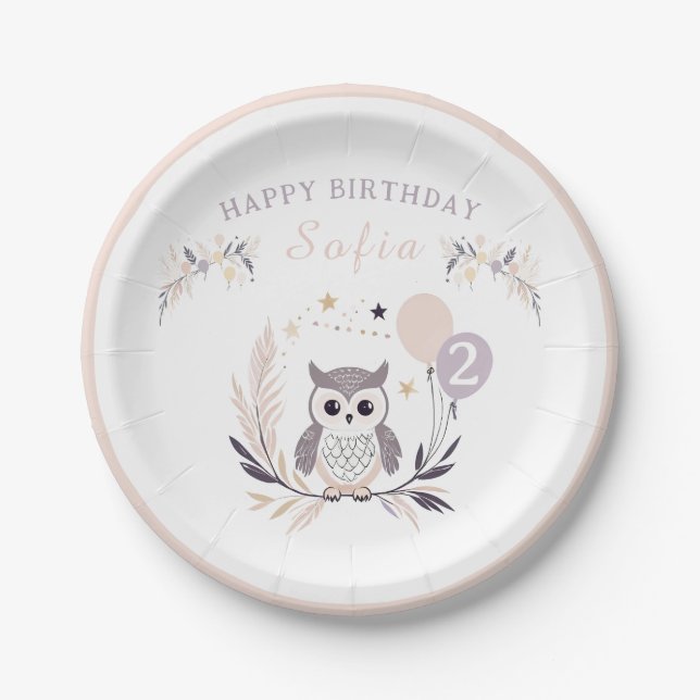 Assiettes En Carton Pastel Boho Baby Owl and Balloons Anniversaire (Devant)