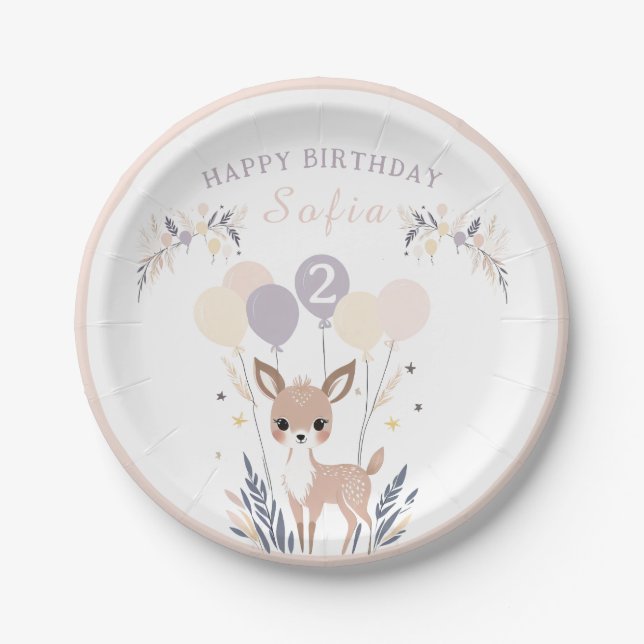 Assiettes En Carton Pastel Boho Fawn et Ballons Anniversaire (Devant)