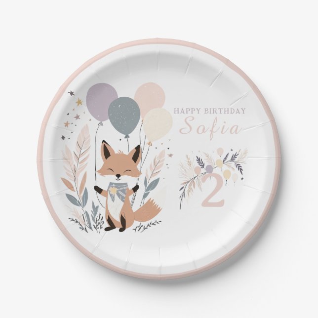Assiettes En Carton Pastel Boho Fox et Balloons Anniversaire (Devant)