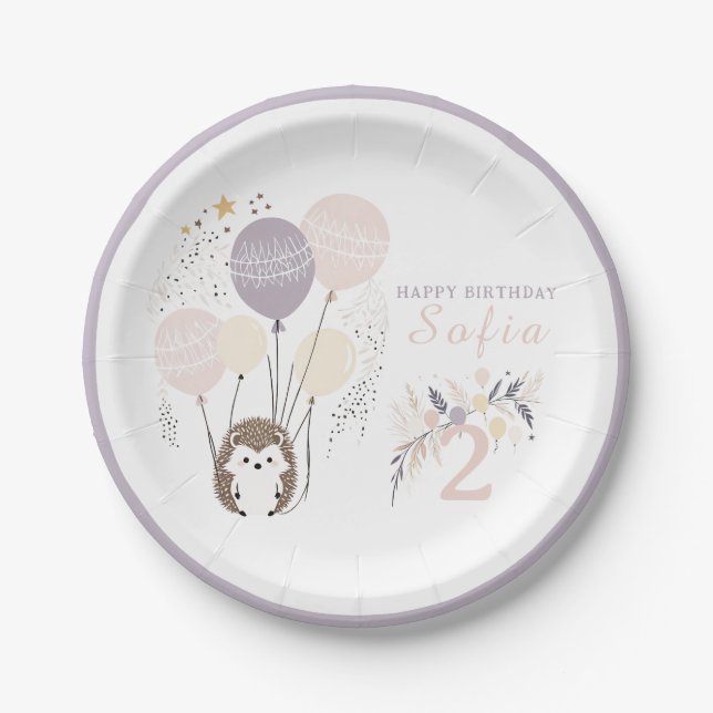 Assiettes En Carton Pastel Boho Hedgehog et Balloons Anniversaire (Devant)