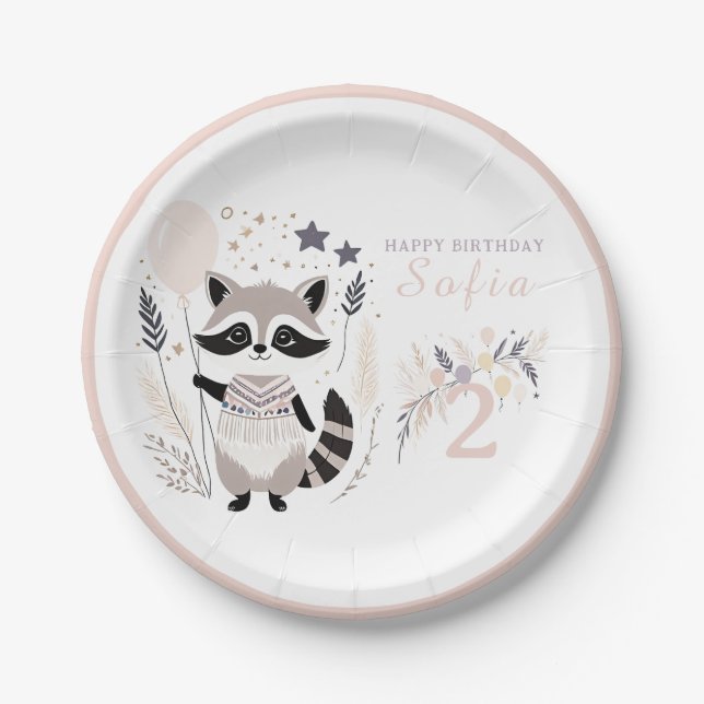 Assiettes En Carton Pastel Boho Raccoon et Ballons Anniversaire (Devant)