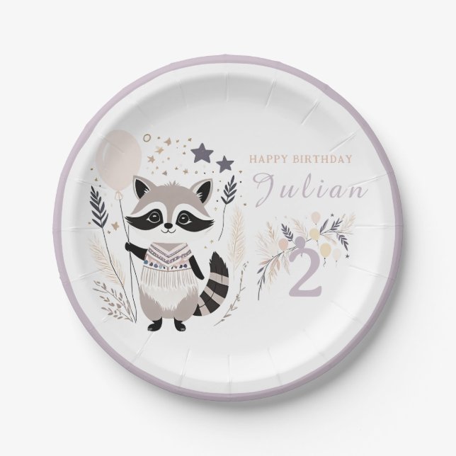 Assiettes En Carton Pastel Boho Raccoon et Ballons Anniversaire (Devant)