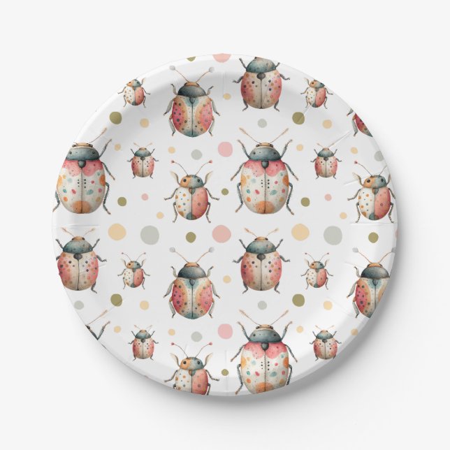Assiettes En Carton Pastel Bugs Cute Insect Motif Aquarelle Beetles (Devant)