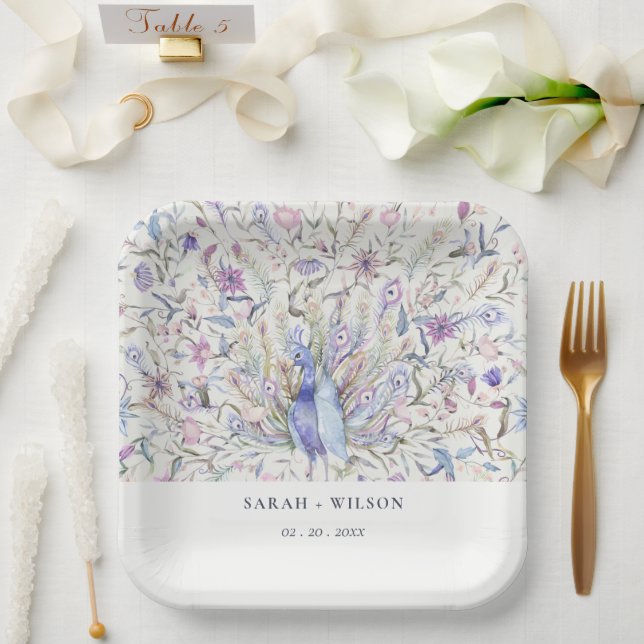 Assiettes En Carton Pastel Classy Ornate Aquarelle Peacock Mariage (Mariage)