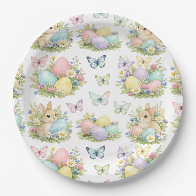 Assiettes En Carton Pastel Easter Eggs & Bunnies Flowers & Butterflies (Devant)