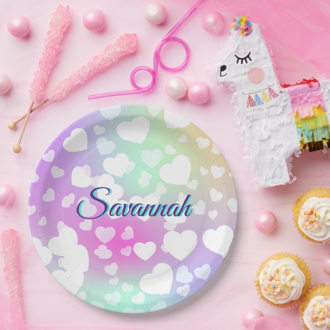 Assiettes En Carton Pastel Falling Hearts Personnalisé (Fête)